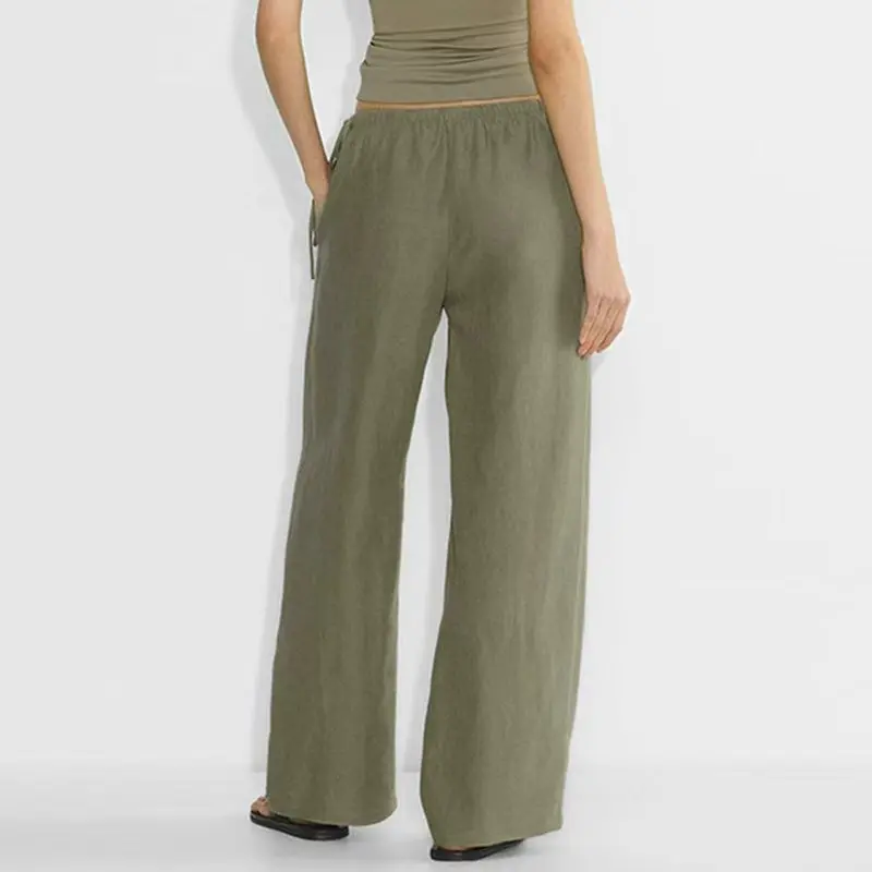 Vintage Linen Women's Chic Drawstring Straight Pants Summer New Elastic Waist Flowing Casual Loose Wide-Leg Pants Woman Trousers