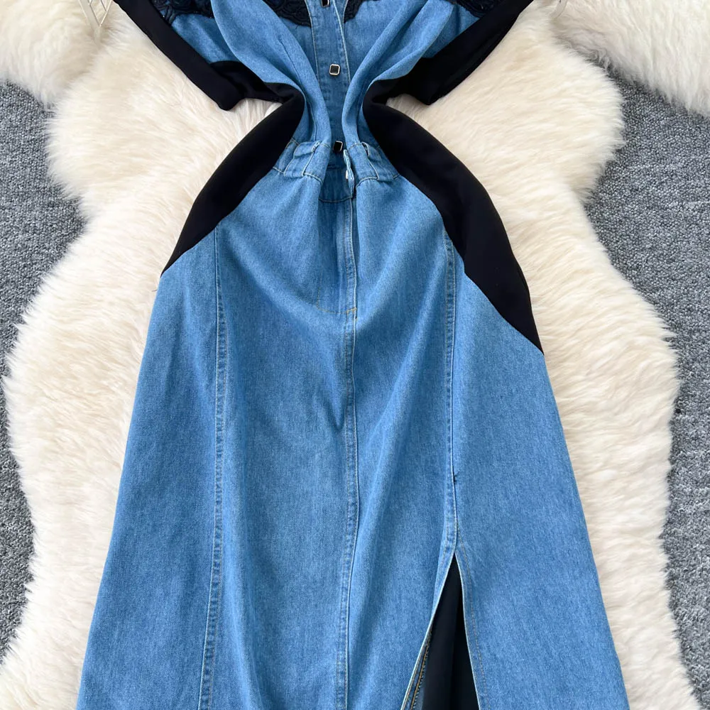 Elegancka sukienka letnia w stylu koreańskim boho, szyta z krótkim rękawem w stylu vintage, imitująca dwuczęściowy krój, z rozcięciem, w stylu fairy.