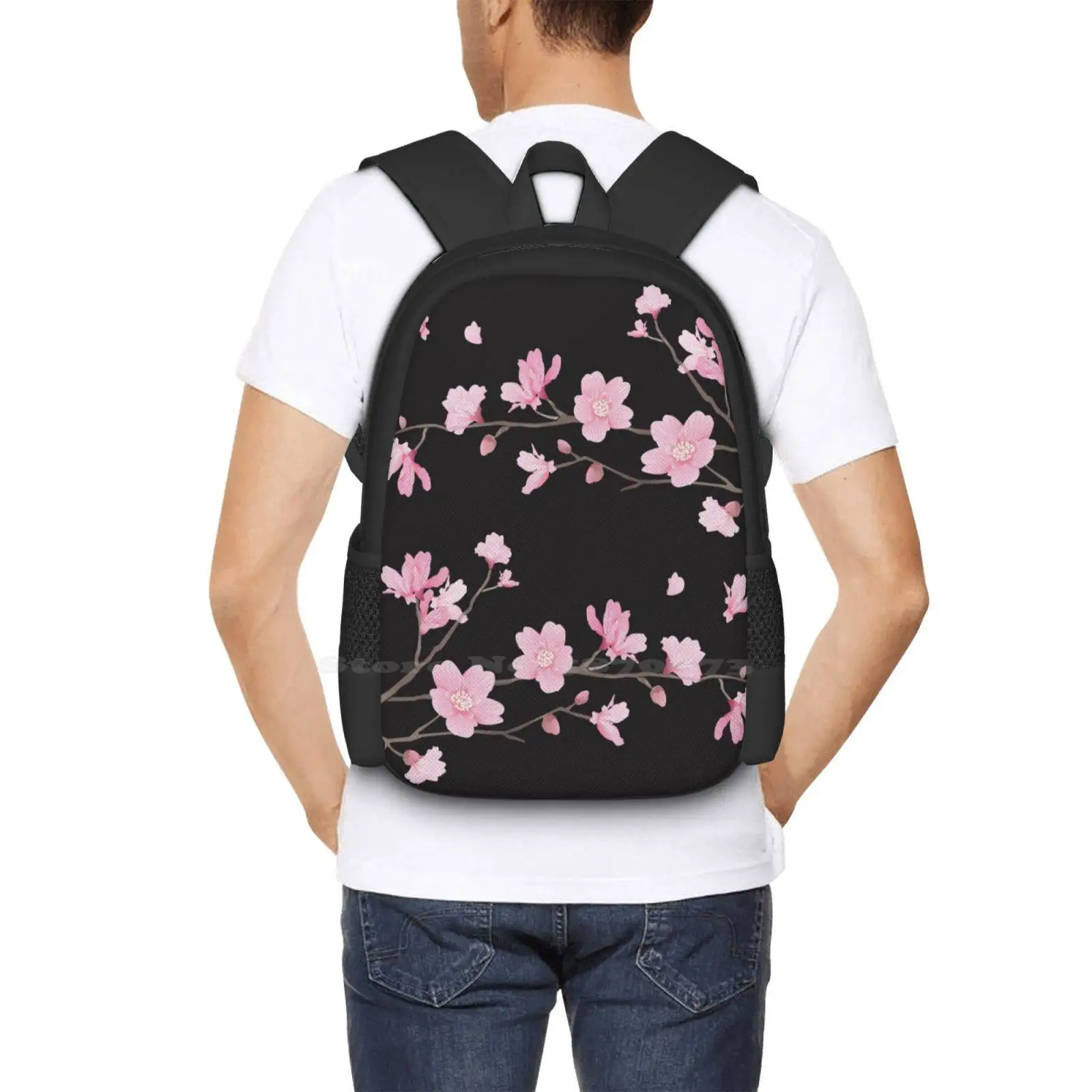 Cherry Blossom Flower Plant - Black Fashion Pattern Design Travel Laptop School Backpack Bag Cherry Blossom Tree Japanese Cherry