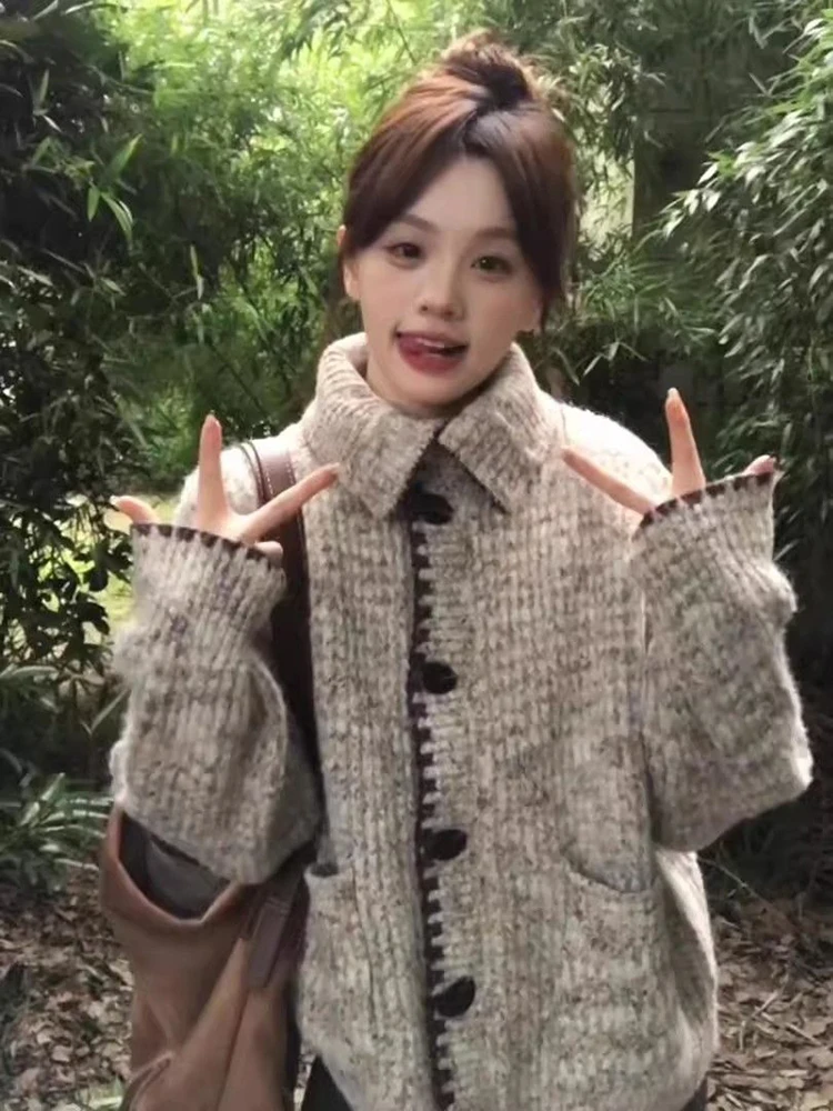 Cardigan lavorato a maglia vintage coreano da donna maglione allentato pigro con bottoni a vento streetwear retrò Harajuku top casual a maniche lunghe autunno inverno