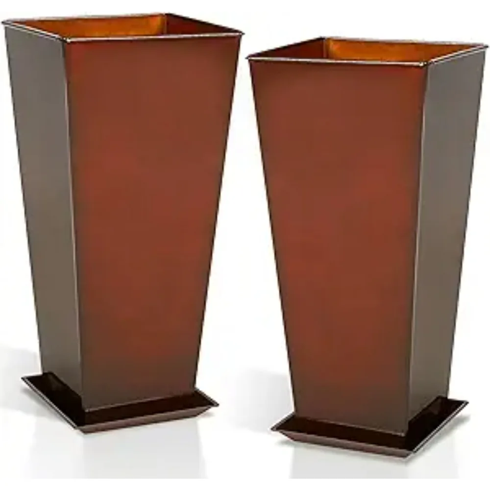Large Metal Glazed Planter Set of 2, Luxurious Glossy Finish Red Tall Square Tapered Steel Plant Pots