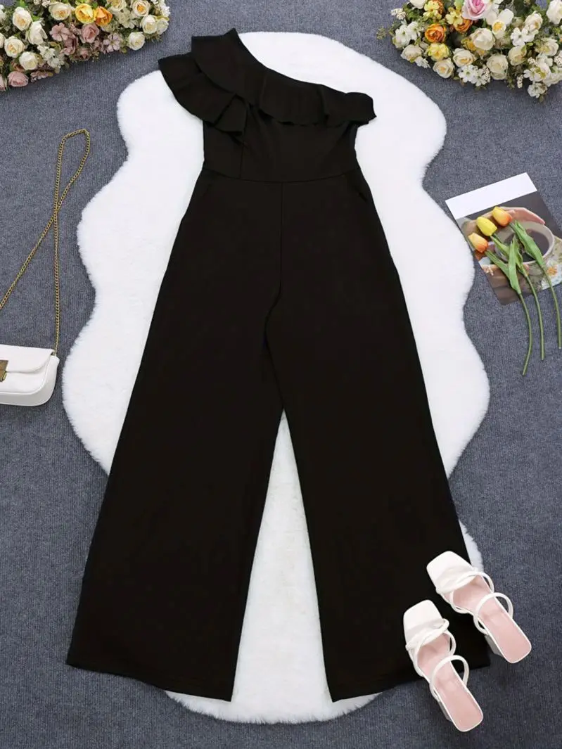 New hot  selling  Shaping One-Piece Jumpsuit Women's Plain Single Shoulder Ruffle European Style Fashion