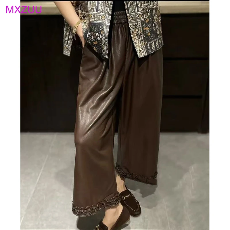Female Planted Vegetable Tanned Sheepskin Straight Trousers Elastic Waist Casual Loose Wide Leg Pants Trendy Pantalon Femmes