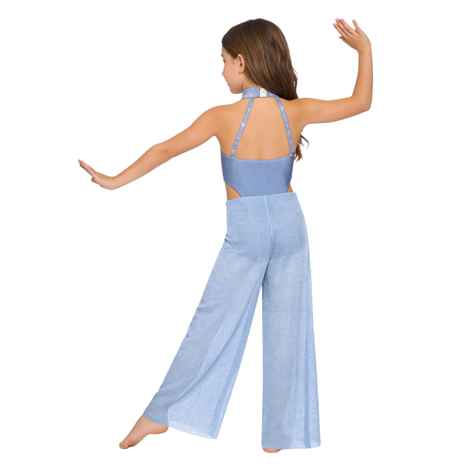 Kids Girls Lyrical Dance Jumpsuit Ballet Jazz Skating Dancewear Sleeveless Cutout Shiny Rhinestones Bodice Wide-Leg Bodysuit