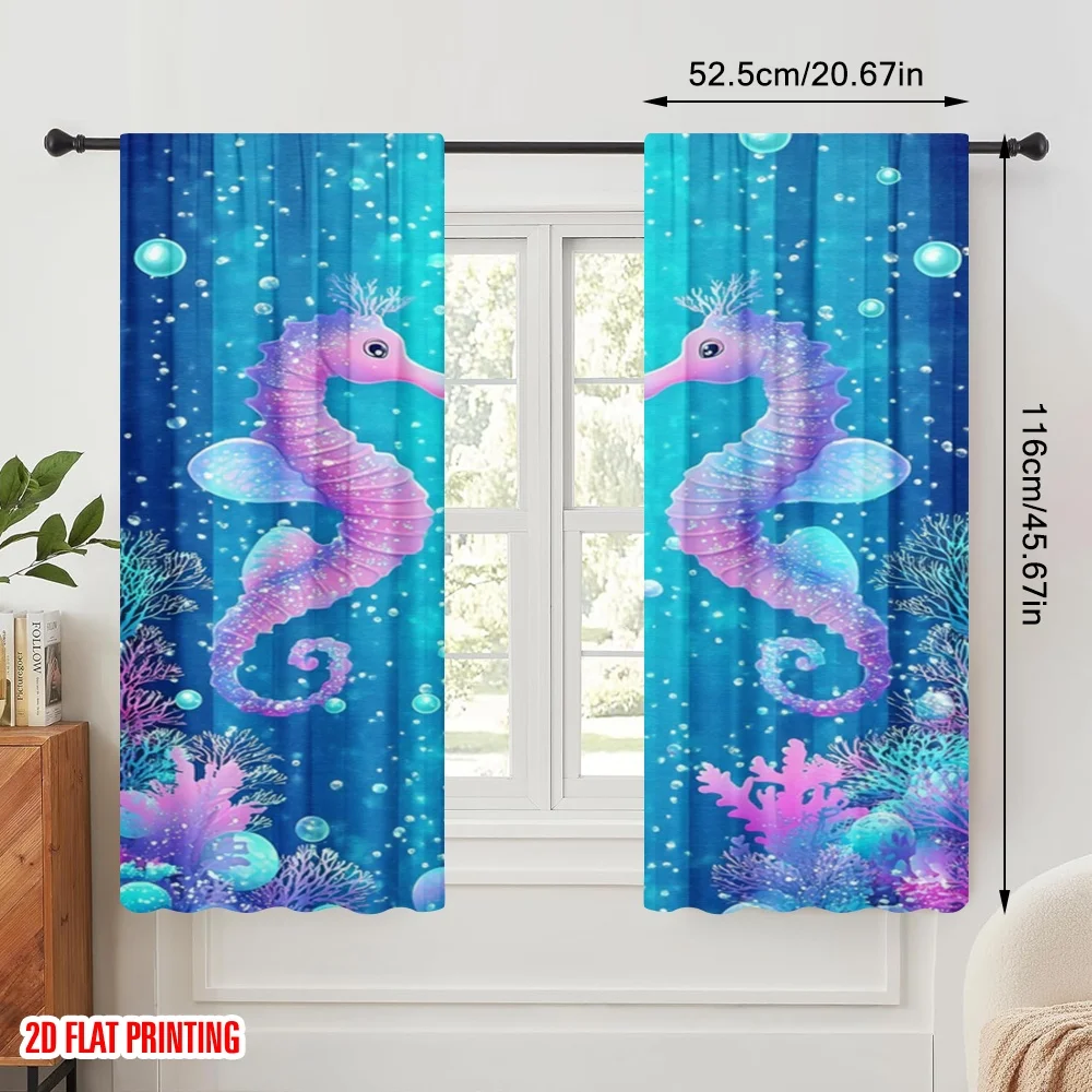 2pcs,2D plane printing Curtain Fabric Dreamy Seahorses Versatile Fabric (without rod) Festive Perfect for Study, Living Room,