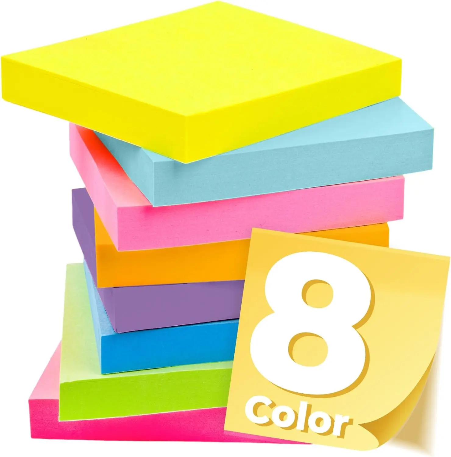 

New Sticky Notes 3x3 Inches, Bright Colors Self-Stick Pads, Easy to Stick for Home, Office, Notebook,100 Sheets/pad (8 Pack)