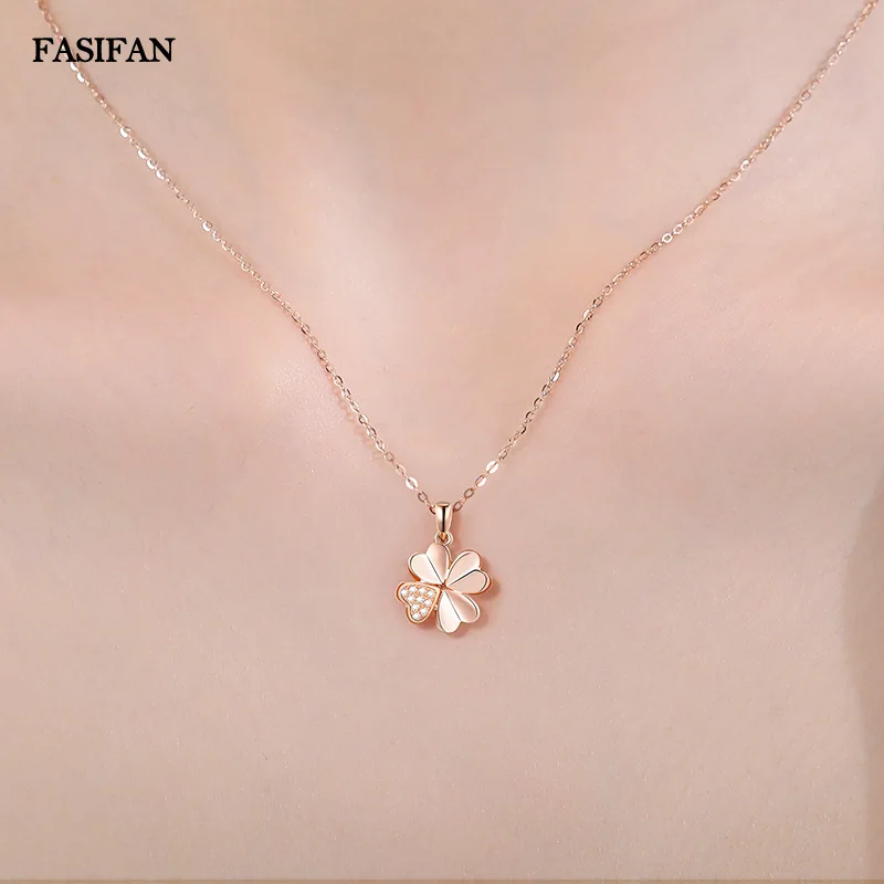 FASIFAN 100% 18K Gold Lucky Four-leaf Clover Set With Diamonds Holiday Gift