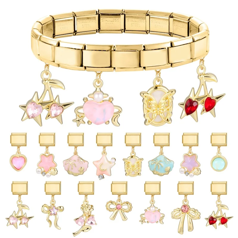 Wholesale Bow Butterfly Moon Cherry Shell Gold Color Pendant Italian Charm Links Fit 9mm Stainless Steel Bracelet DIY Making