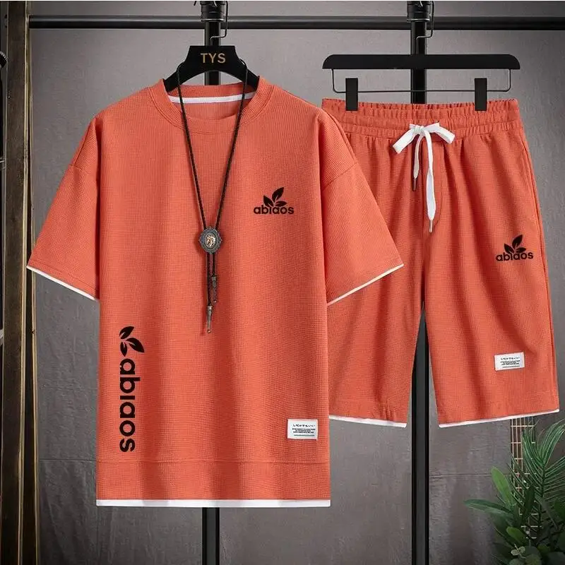 Men\'s Waffle Cotton Printed T-shirt Set, Round Neck Short Sleeved Top, Loose Drawstring and Breathable Shorts, 2-piece Set. 2024