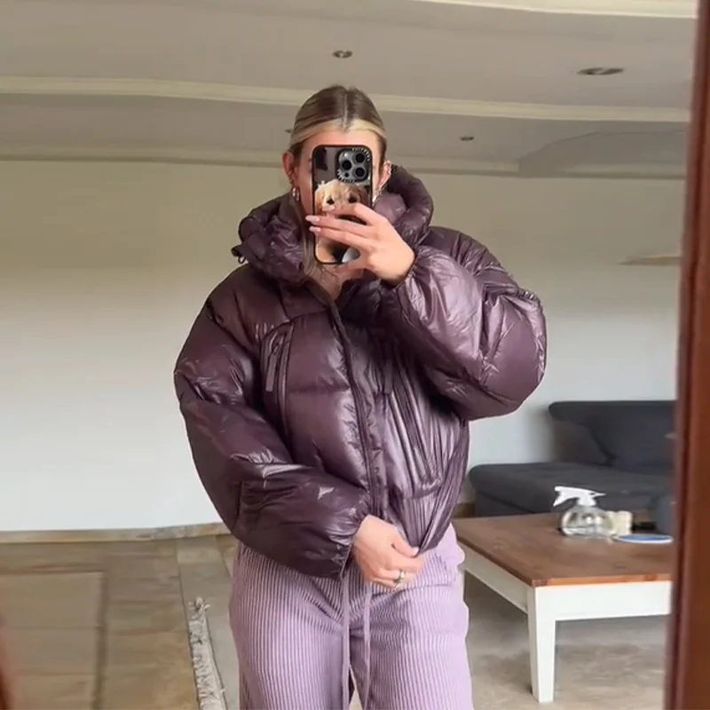 

Women's Down Jacket Winter Puffy Thicken Hooded Long Sleeve Short Padded Coat Warm Zipper Pockets Outwear 2025 New Female Coats