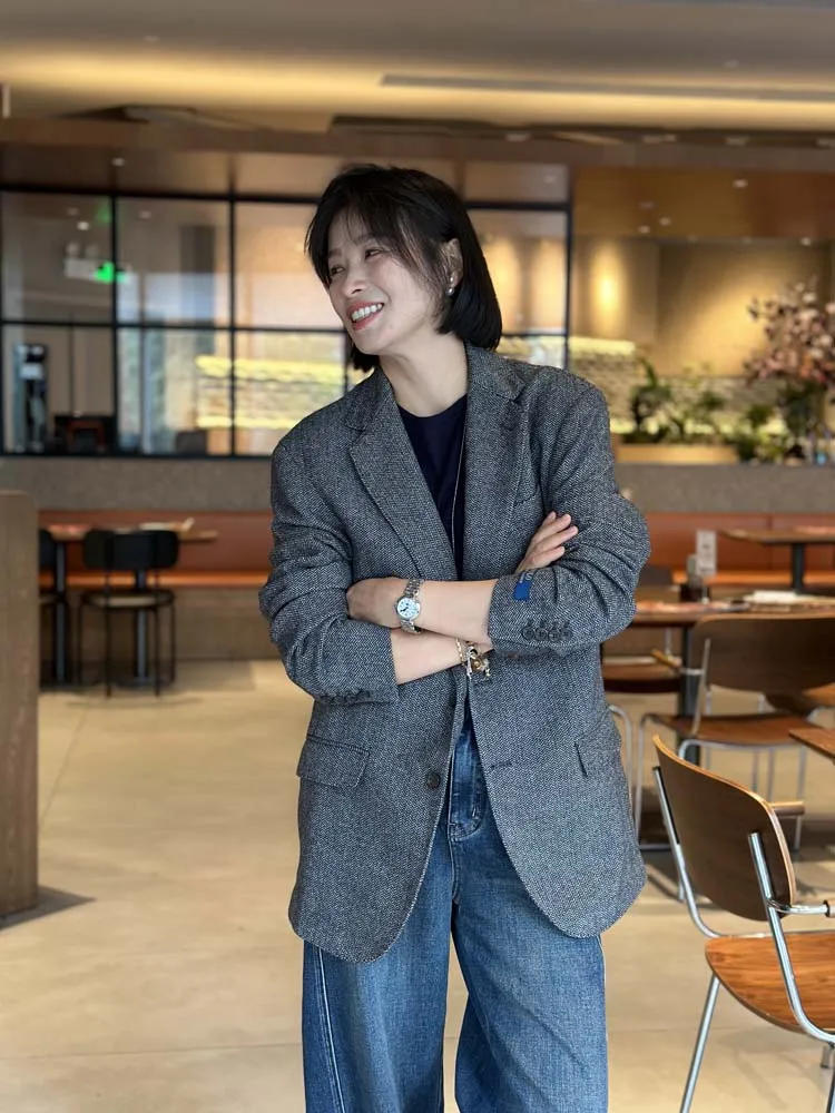 

Женский деловой пиджак из чистой шерсти, классический, теплый, с длинными рукавами, для осени и зимы