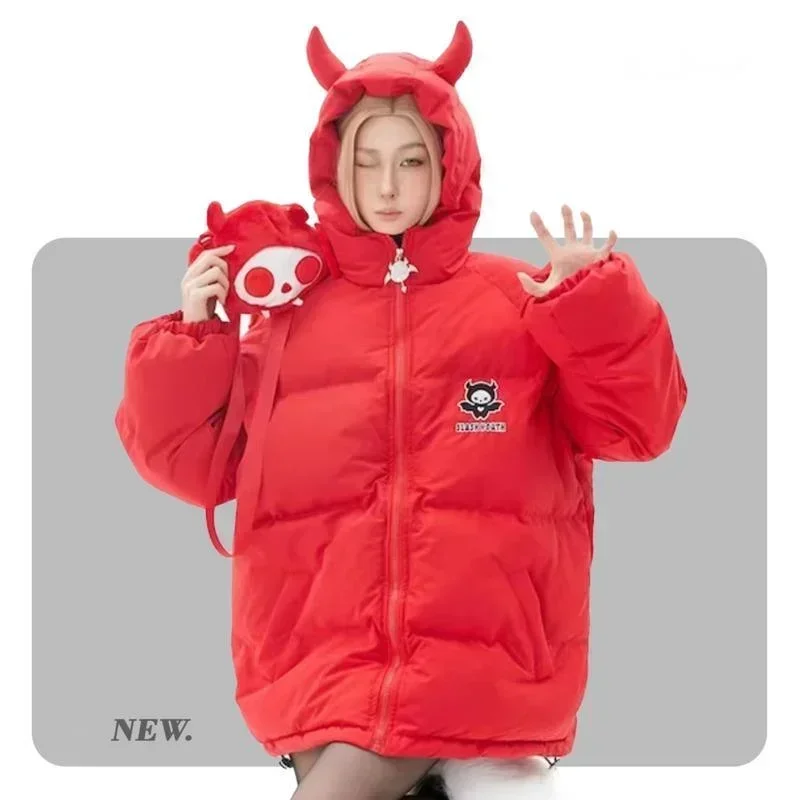 Winter New Warm Down Jacket Retro Little Devil Cartoon Wings Coat Women’s Street Harajuku Casual Loose Hooded Cotton Jacket Coat