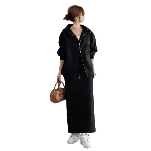 ชุดเซ็ตคุณภาพดี เสื้อฮู้ดซิปสำหรับผู้หญิง กระโปรงครึ่งตัว ชุดลำลองสองชิ้น