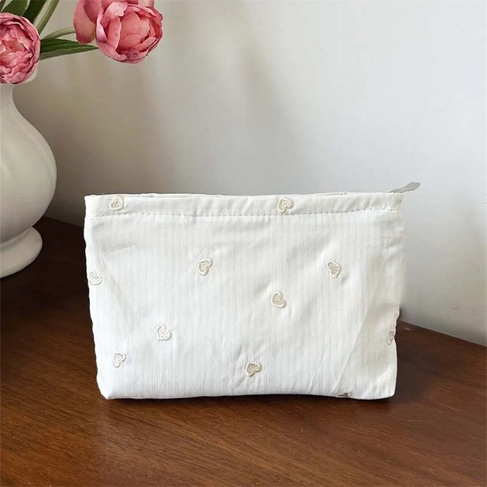 Classic Stripes Makeup Pouch Embroidered Pattern Smooth Zipper Cosmetic Organizer Compact Size Washable Cotton Toiletry Bag