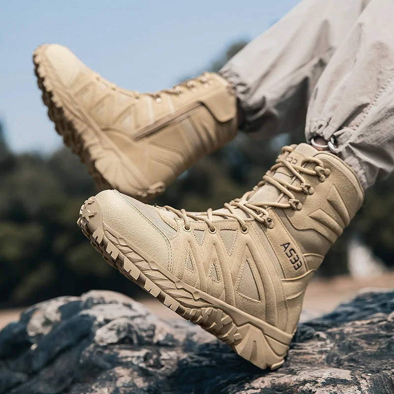 

Sand and black men's all season high top hiking boots, breathable, comfortable, and durable, suitable for outdoor exploration