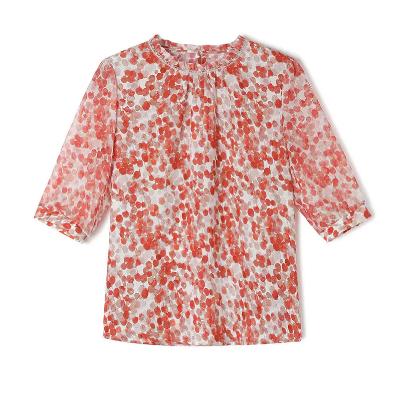 เสื้อชีฟองลายดอกไม้ฤดูร้อนของผู้หญิงแฟชั่นใหม่หรูหราแม่สไตล์แขน 3/4 ด้านบน