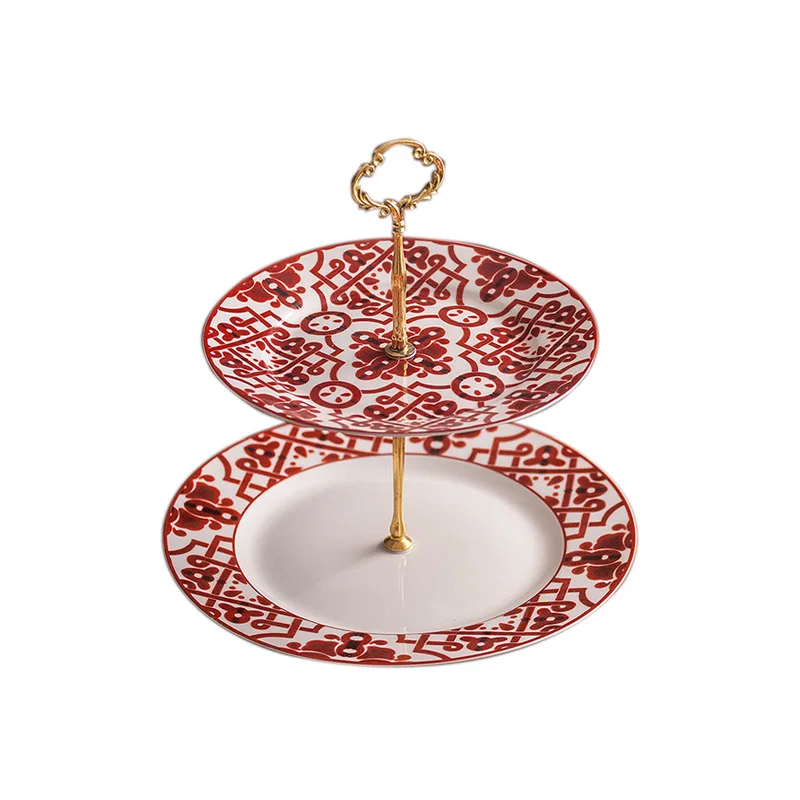 Double dessert table, three-layer dim sum plate red festive ceramic string  wedding household cake fruit plate string plate