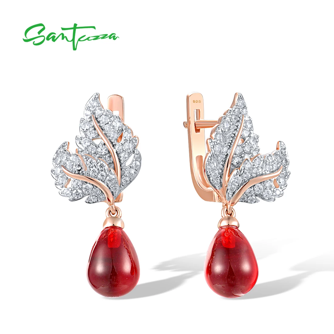 

SANTUZZA Real 925 Sterling Silver Drop Earrings For Women Sparkling White CZ Red Stone Delicate Leaf Party Wedding Fine Jewelry