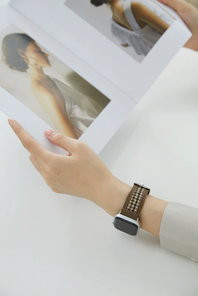 Houndstooth و الجلود حزام ل سوار ساعة يد آبل 38 مللي متر 42 مللي متر 40 مللي متر قماش حلقة SE1 2 3 4 5 6 7 ل iwatch 44 مللي متر 45 مللي متر 41 مللي متر المعصم كوريا