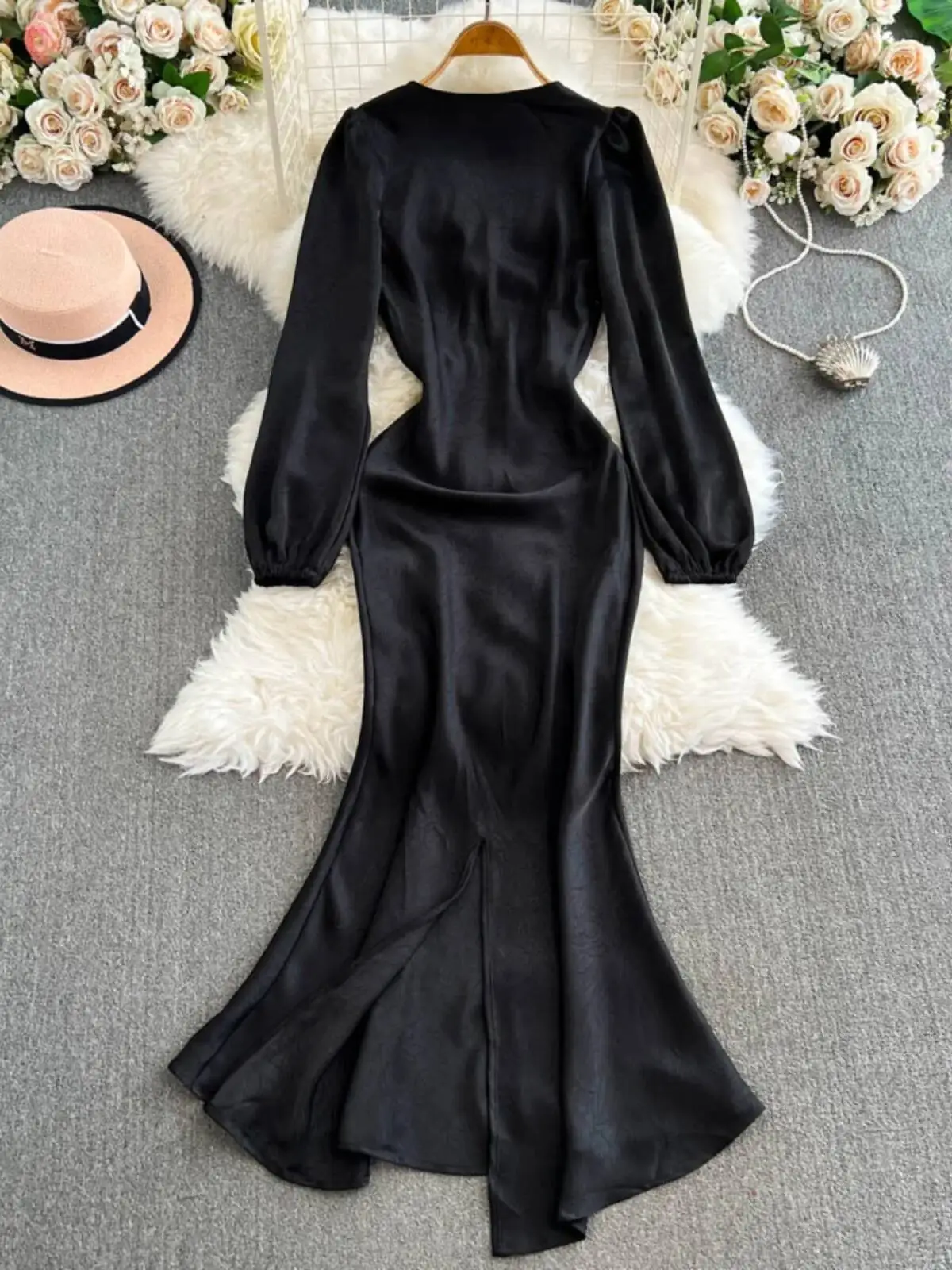 BabYoung 블랙 새틴 섹시한 v 넥 프랑스 연예인 드레스 여성 드레스 로얄 자매 스타일 긴 가운