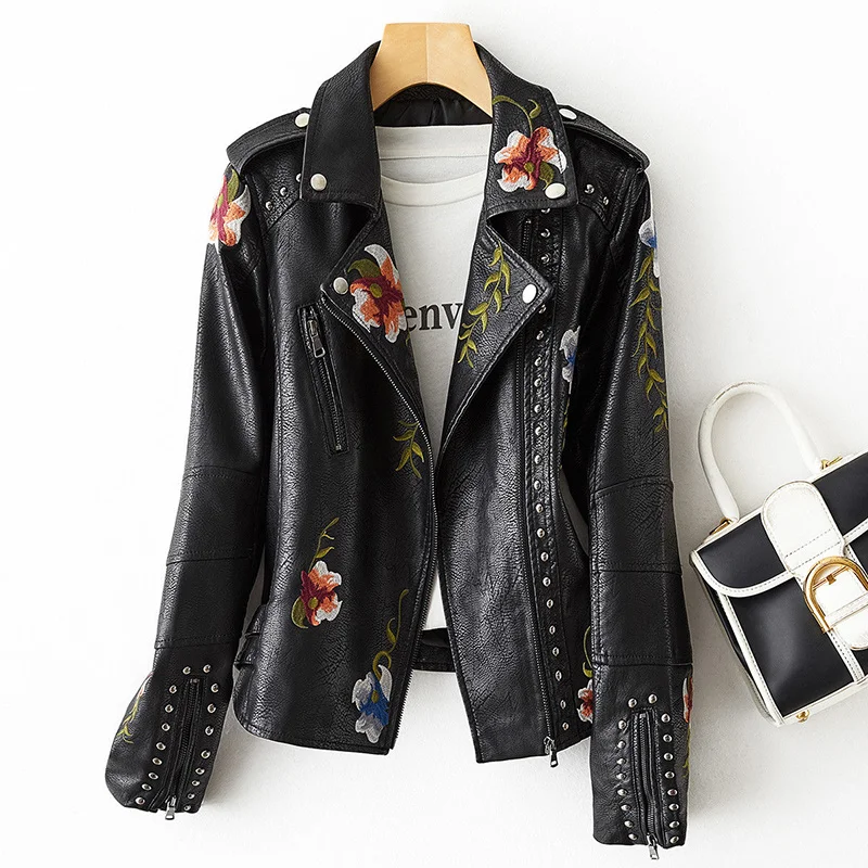 2024 Women Retro Floral Print Embroidery Rivet Faux Soft Leather Jacket Short Coat Turndown Collar PU Black Punk Outwear