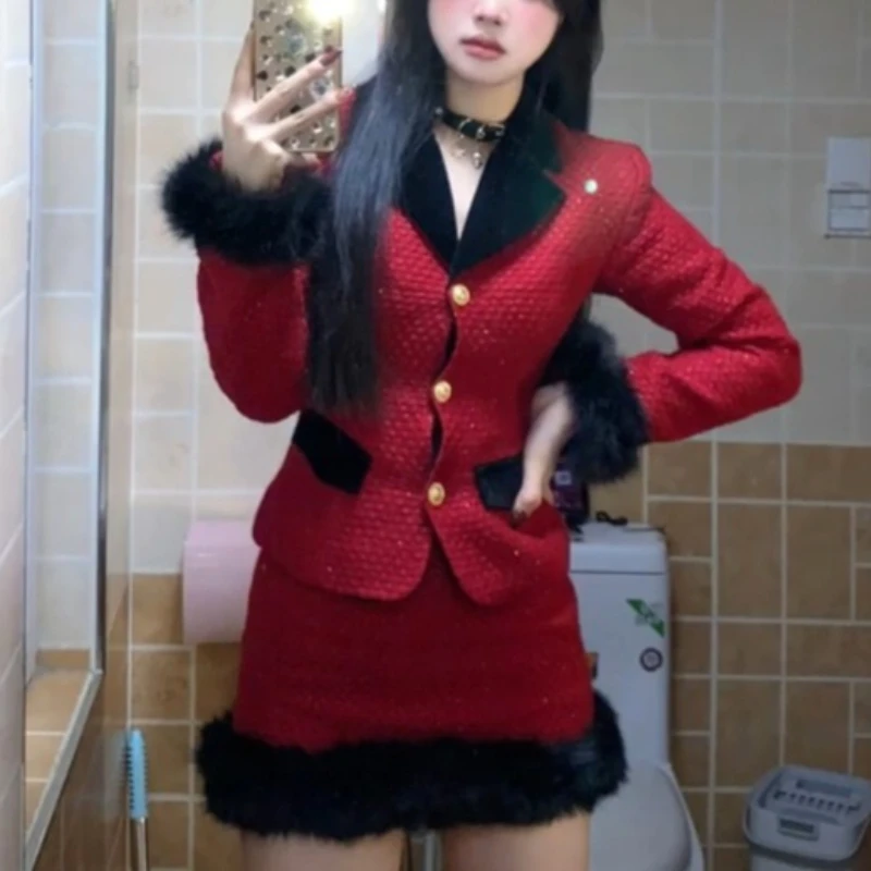 Set da due pezzi da donna caldo autunnale Moda coreana Design vintage francese Set giacca e gonna rossa Eventi casual Abbigliamento femminile