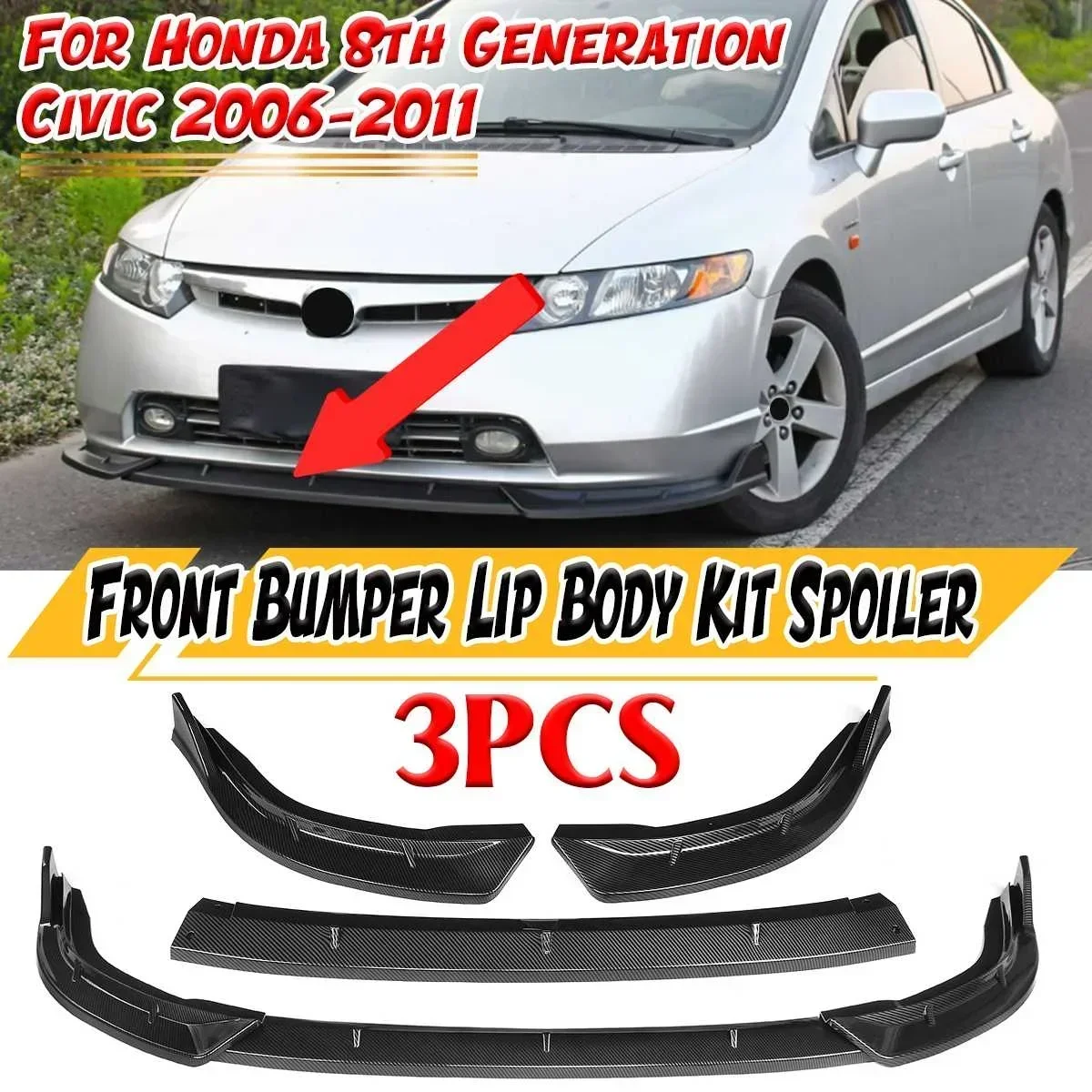 Detachable Car Front Bumper Lip Spoiler For Honda For Civic 8th Generation 2006-2011 Bumper Lip Deflector Lips Guard Body Kit