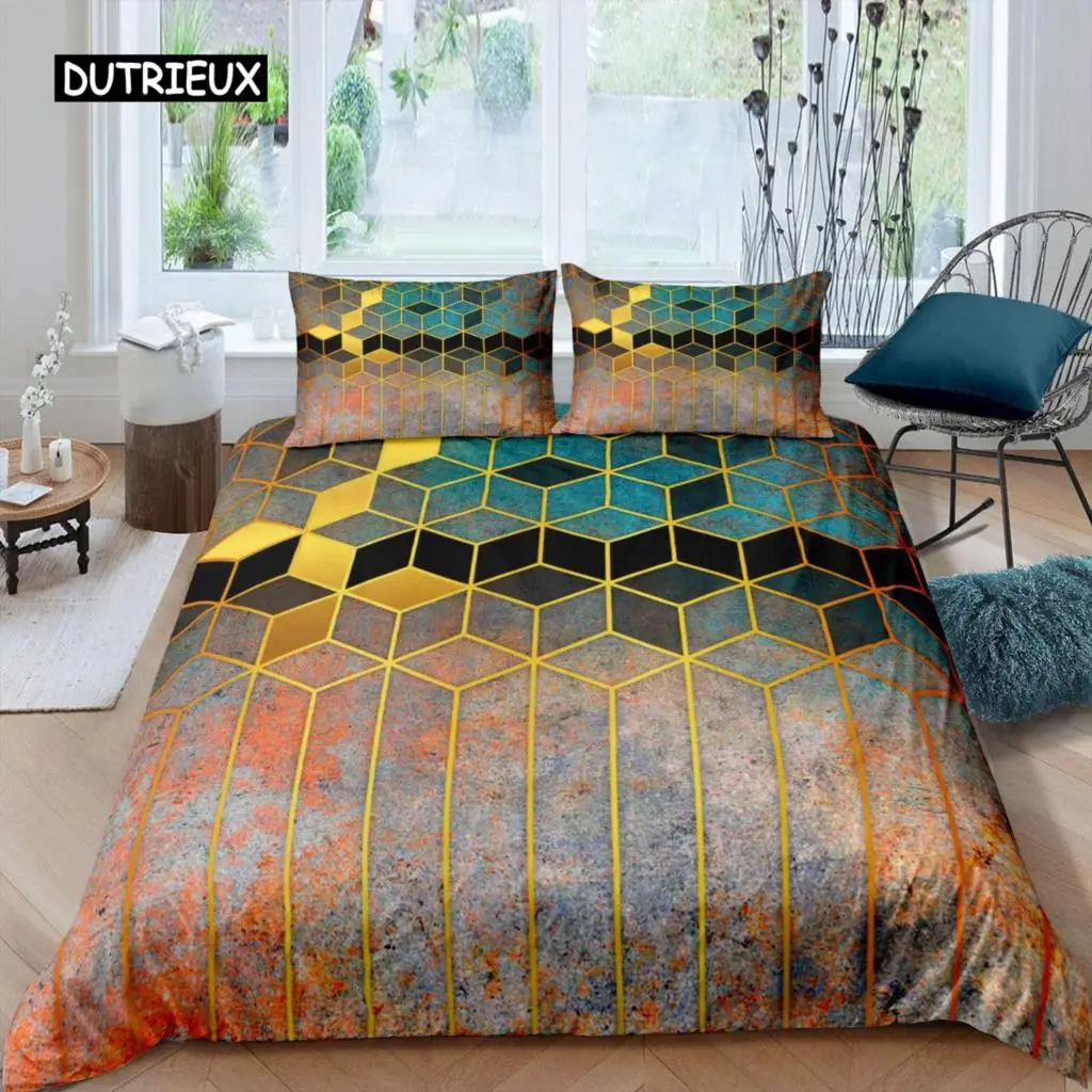 Hexagonal Duvet Cover Set Honeycomb Marble Comforter Cover Set Beehive Hexagon Tie Dye King Size Geometric Diamond Bedding Set