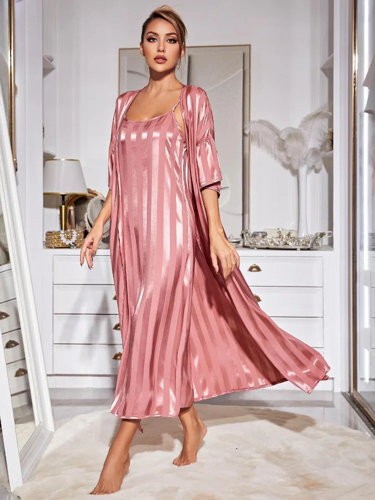 Satin Ice Silk Suspender Nightdress Female Silky Robe 2 Pcs Set Sleepwear Long Sleeve Pajamas Home Suit Bathrobes Nightgown 2023