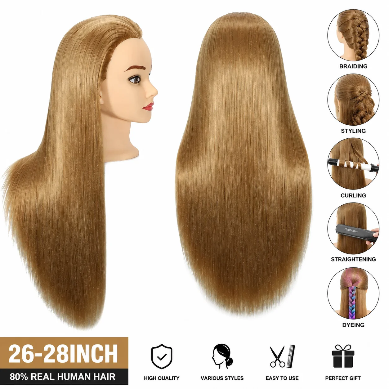 

Mannequin Head with 90% Real Human Hair - 28 Inch Makeup Cosmetology Manikin Doll Head for Hair Styling, Training Practice Braiding Mannequin Head with False Eyelashes Hair Styling Set