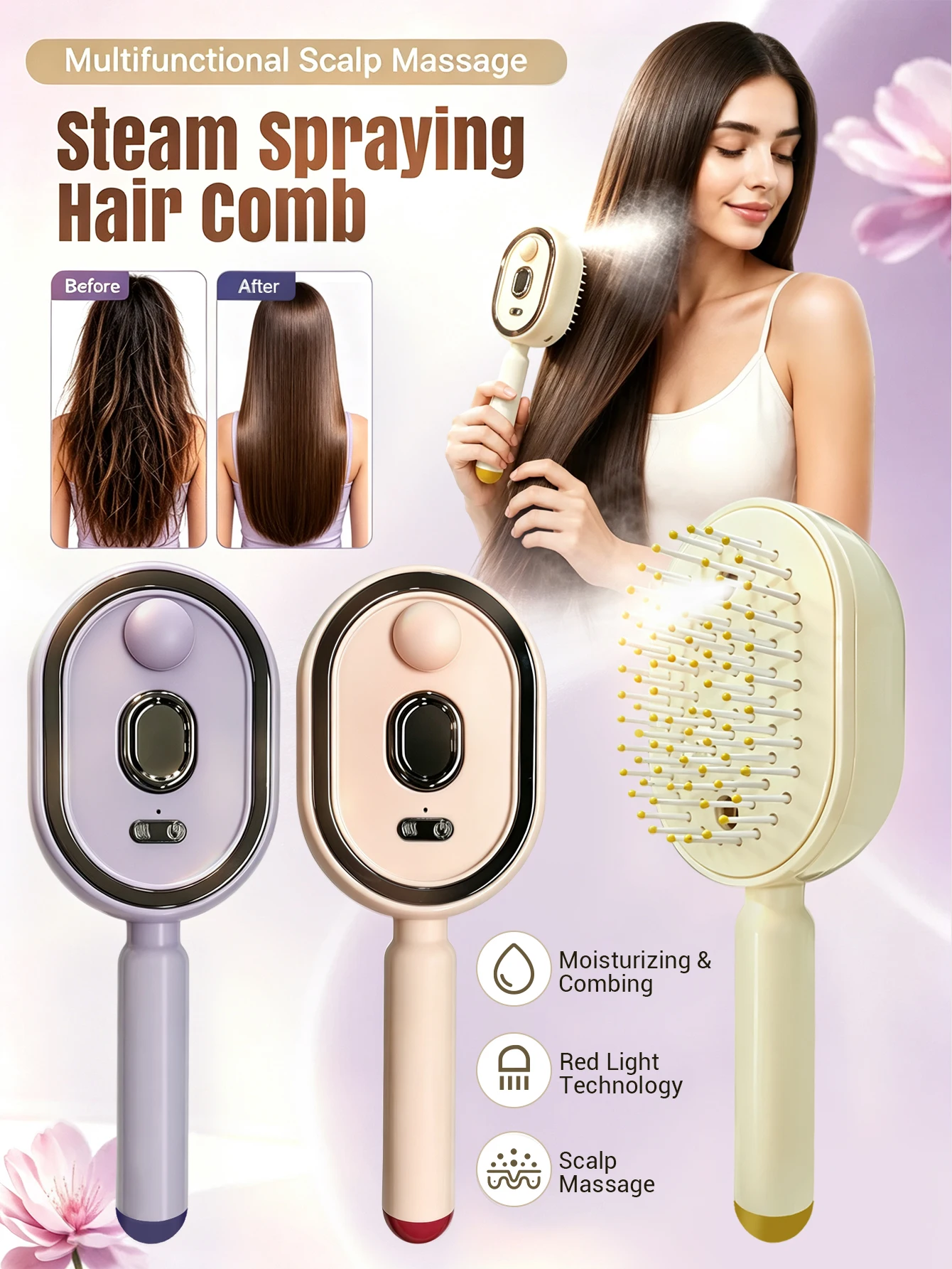 Portable Hair Straightener Comb 3-in-1 Nano Spray Moisturizing Hair Brush Anti-Frizz Smooth Air Cushion Brush Travel-Friendly Re