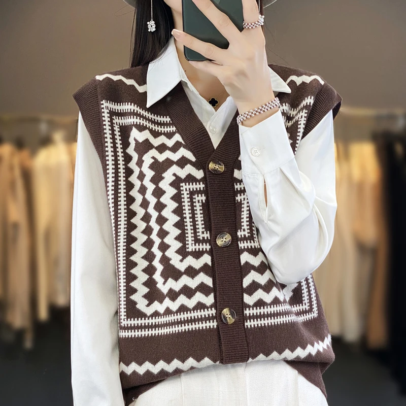 Autumn Winter New 2023 Korean Fashion Jacquard Vest Knitted Vintage Sweater Lady's Autumn Winter Wool Cardigan Women's Vest