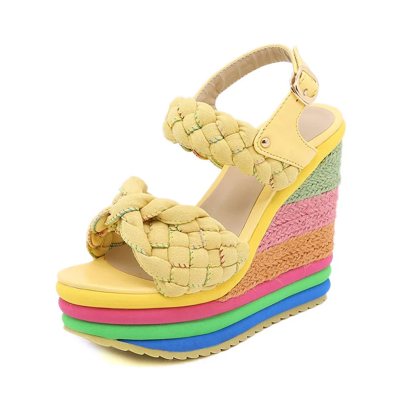 Sandalias de cuña con arcoíris para mujer, zapatos de plataforma personalizados con punta abierta, tacones altos de talla grande, WSH4563