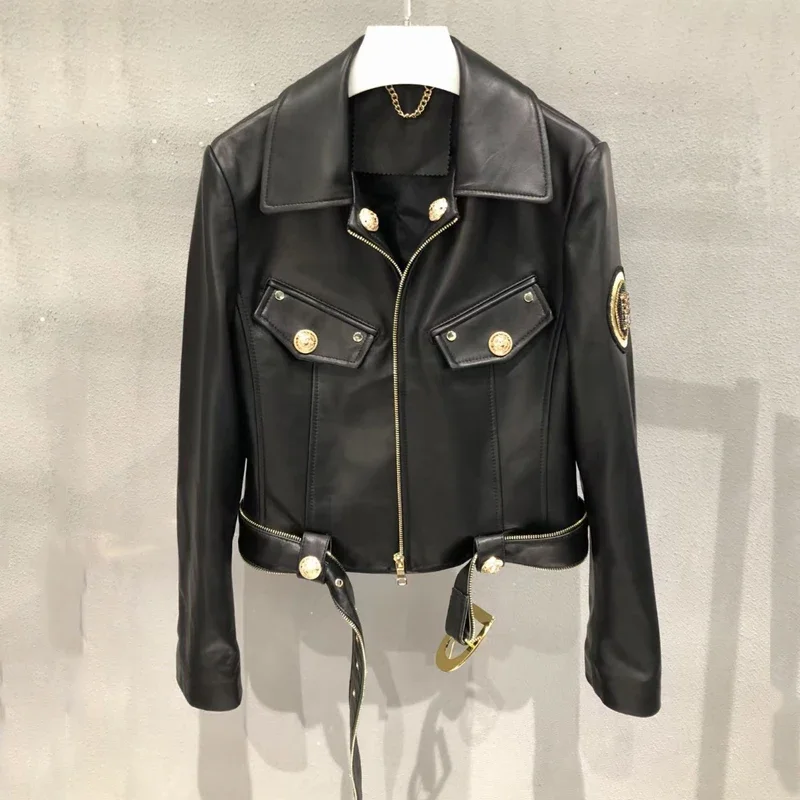 

New Fashion 2024 Women Coat Spring And Autumn Genuine Leather Jacket Pattern Of Letters Back Locomotive Model Overcoat With Belt