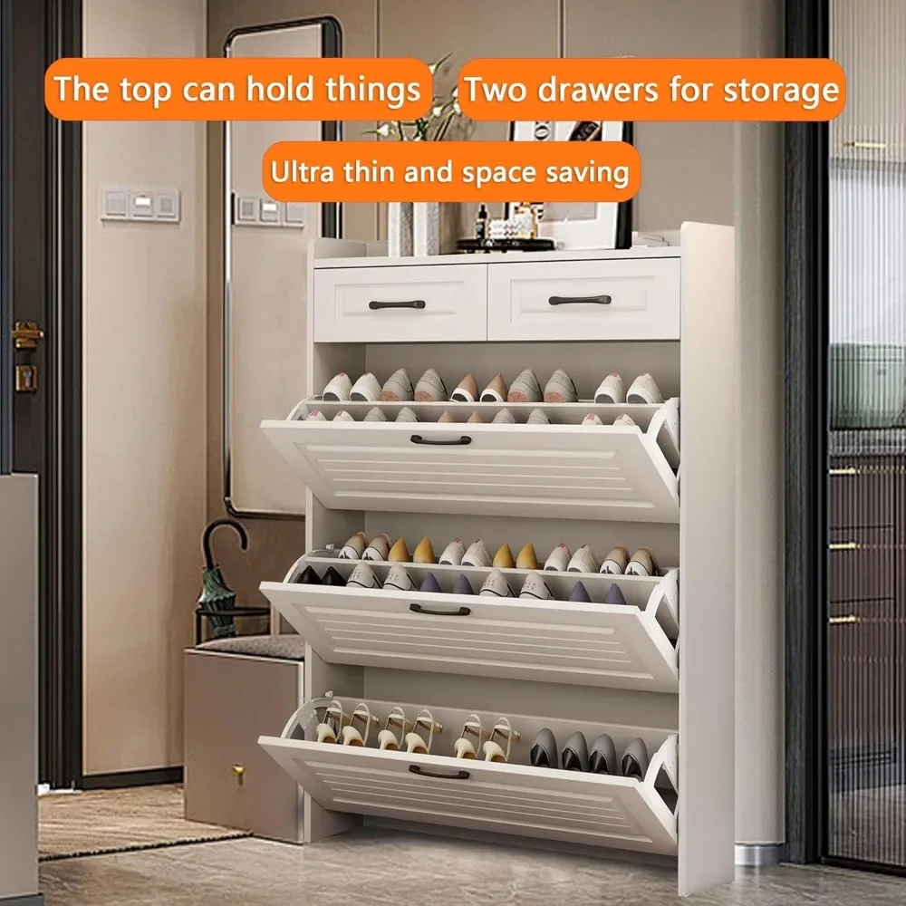 خزانة أحذية ضيقة متعددة الوظائف مع 3 أبواب ودرجين، تستوعب أحذية مختلفة، مناسبة للمدخل والممرات