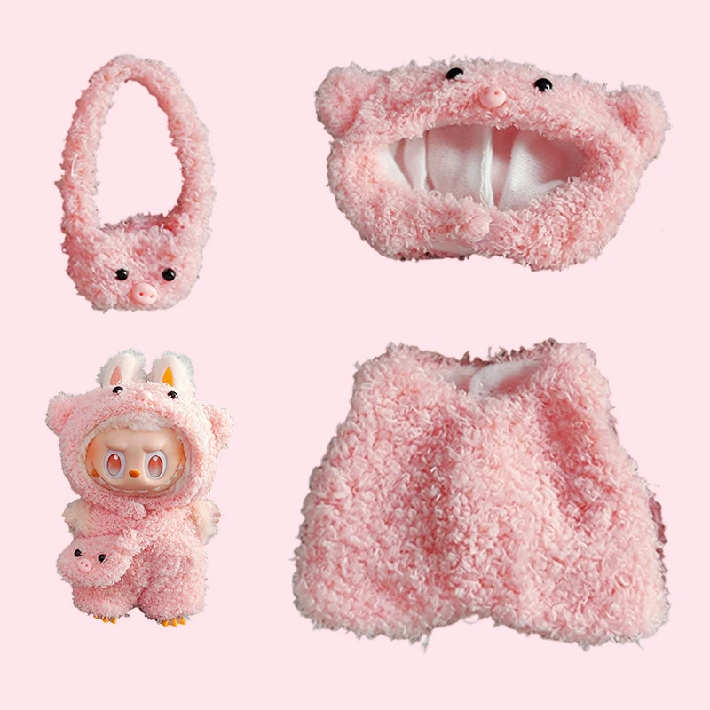 

17 см комплект одежды для куклы Labubu, милый розовый плюшевый наряд, шляпа, сумка, жилет, аксессуары, кукла, подарок «сделай сам», кавайная кукла-монстр, сменная одежда