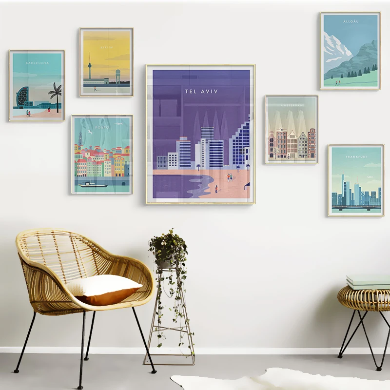 Modern Minimalism City Tel Aviv Allgau Frankfurt Berlin Porto Barcelona Poster Picture Silhouette Canvas Art Print Wall Decor