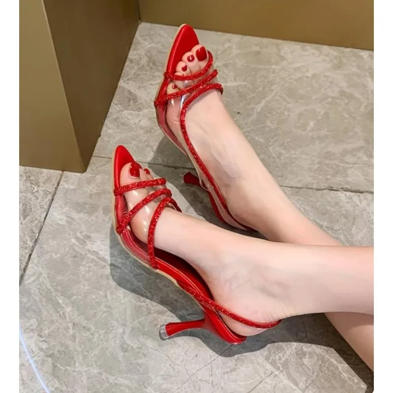 Vrouwen Zomer Strass Slingback Pumps Kantoor Dame Transparante Hakken Sandalen Elegante Puntneus Sexy Hoge Hakken Sandalen