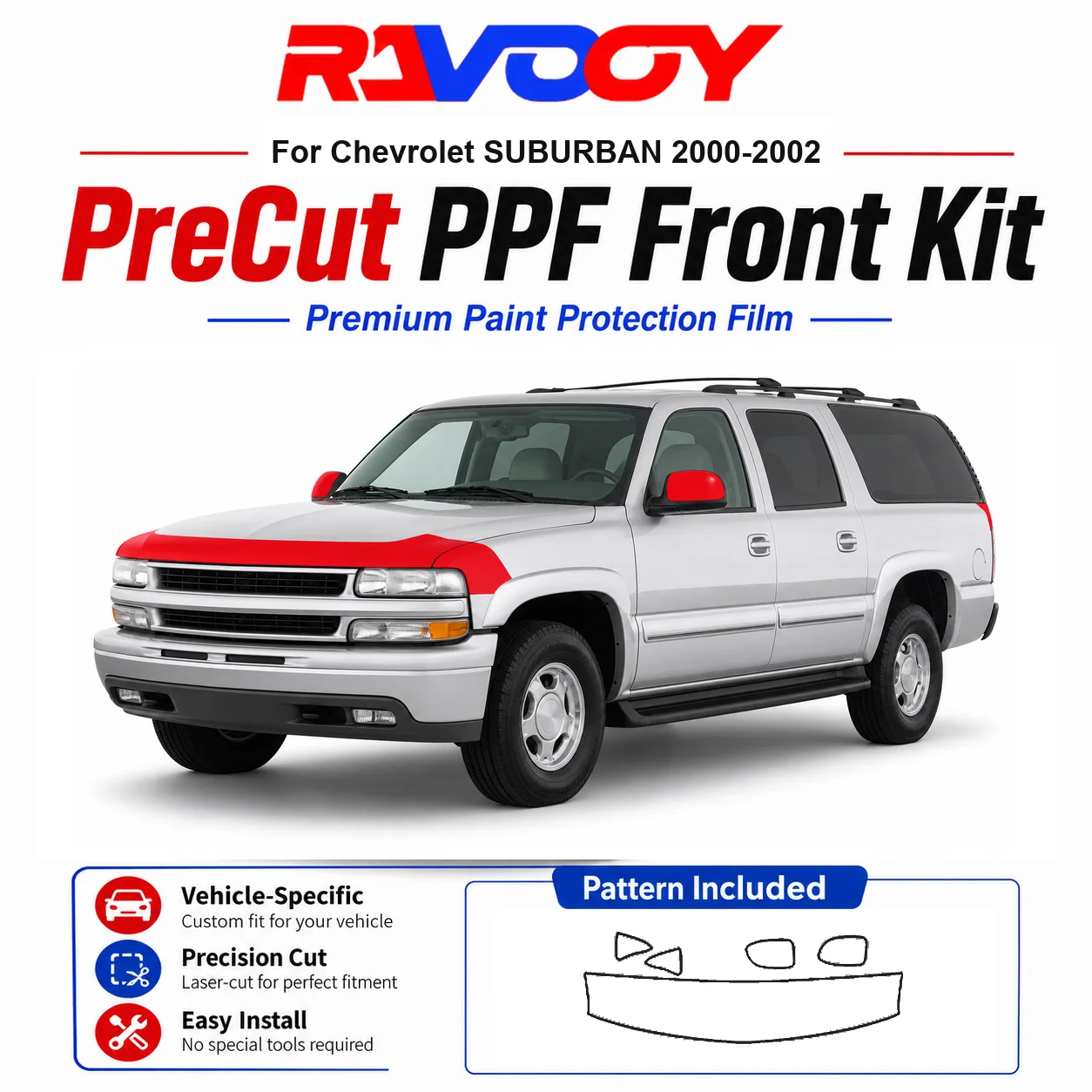 

8.5mil TPU Precut PPF Kit For Chevrolet SUBURBAN 2000-2002 - Hood, Fenders & Mirror Set - Self-Healing Clear Bra Film