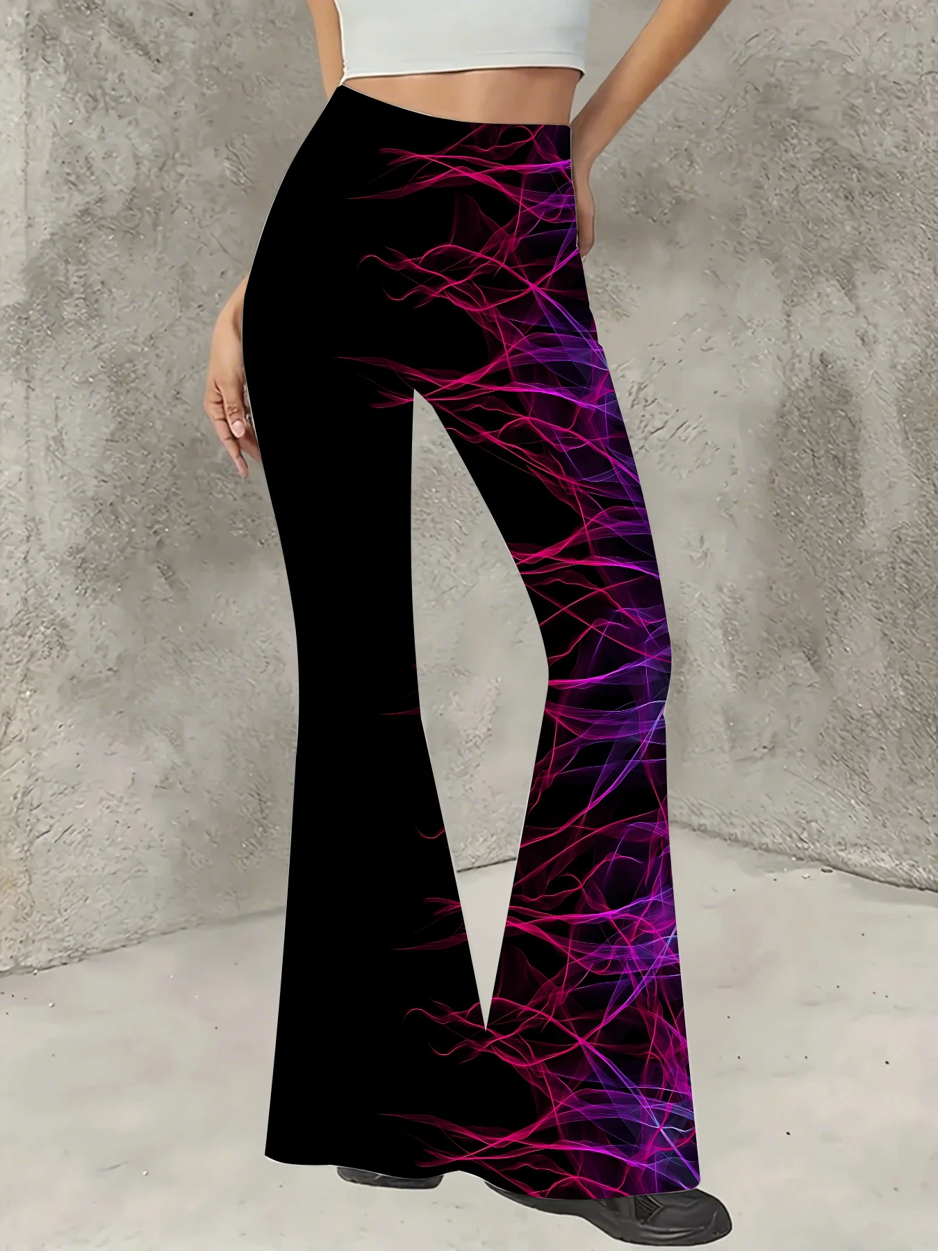 

Y2K Graphic Print Flare Pants Women High Waist Knit Bell Bottom Trousers