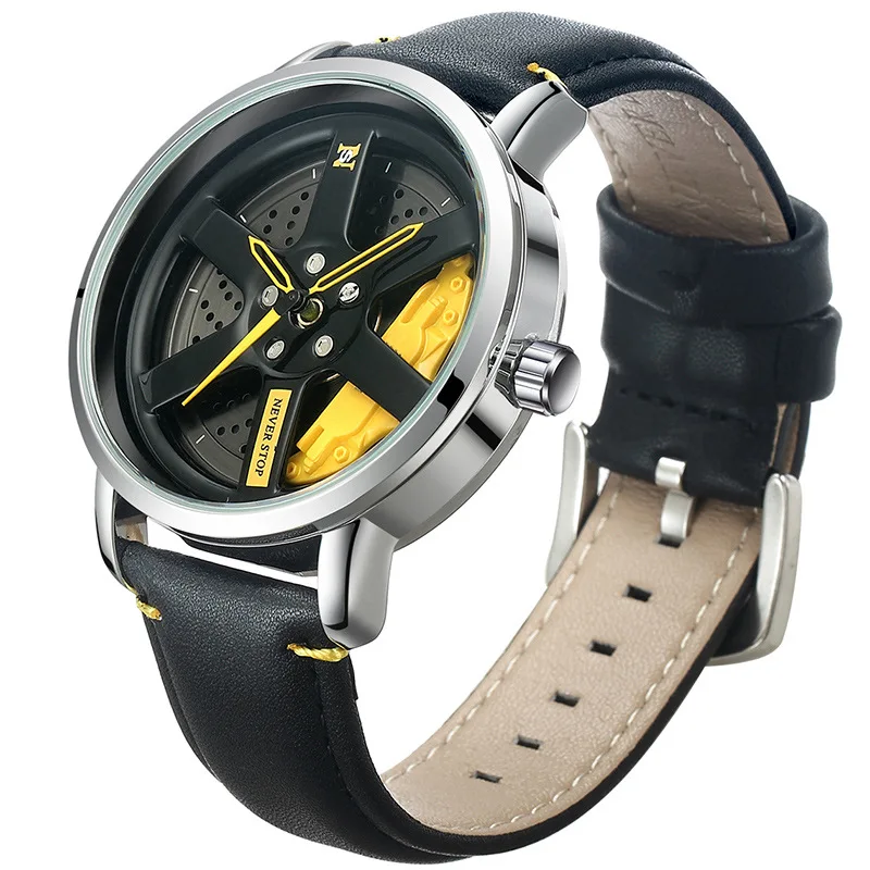 Orologio da uomo sportivo personalizzato con ruota per auto 360 °   Orologi da polso con orologio al quarzo moda maschile con cinturino in pelle rotante