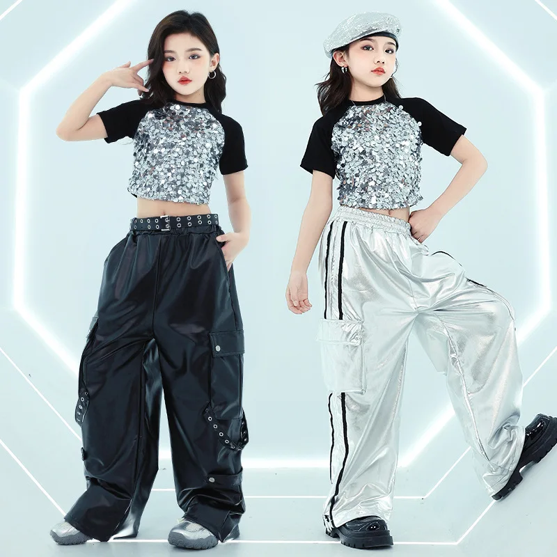 

Костюм для джазового танца для девочек, модный крутой танцевальный костюм с блестками, детские кожаные брюки для джаза, костюм для выступлений