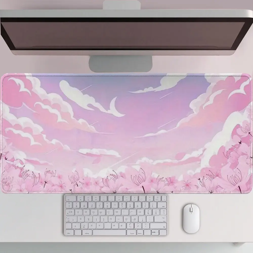1pc Kawaii Pink Sky Rubber Desk Mat, Non-Slip Large Mouse Pad, Cherry Blossom & Cloud Print, Water-Resistant Keyboard Pad