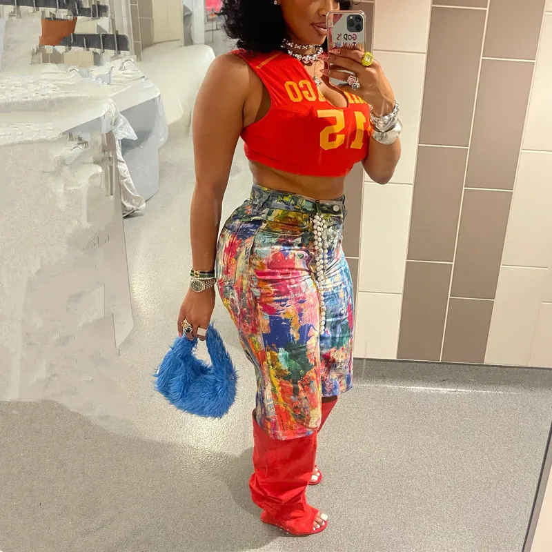 ファッション夏の女性のポケット落書きショーツホットカジュアルポリエステルショーツミッドウエストショートストリートショートパンツ