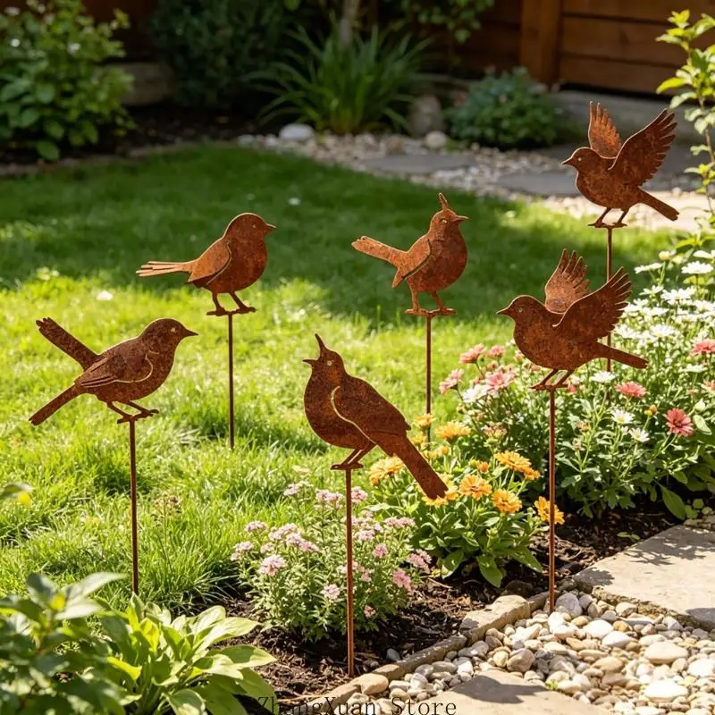 Vogel-Gartenstecker für Blumenkästen, 5er-Set, Topfstecker aus Metall mit abgenutzter Oberfläche und Vogelausschnitten für – Detail 7