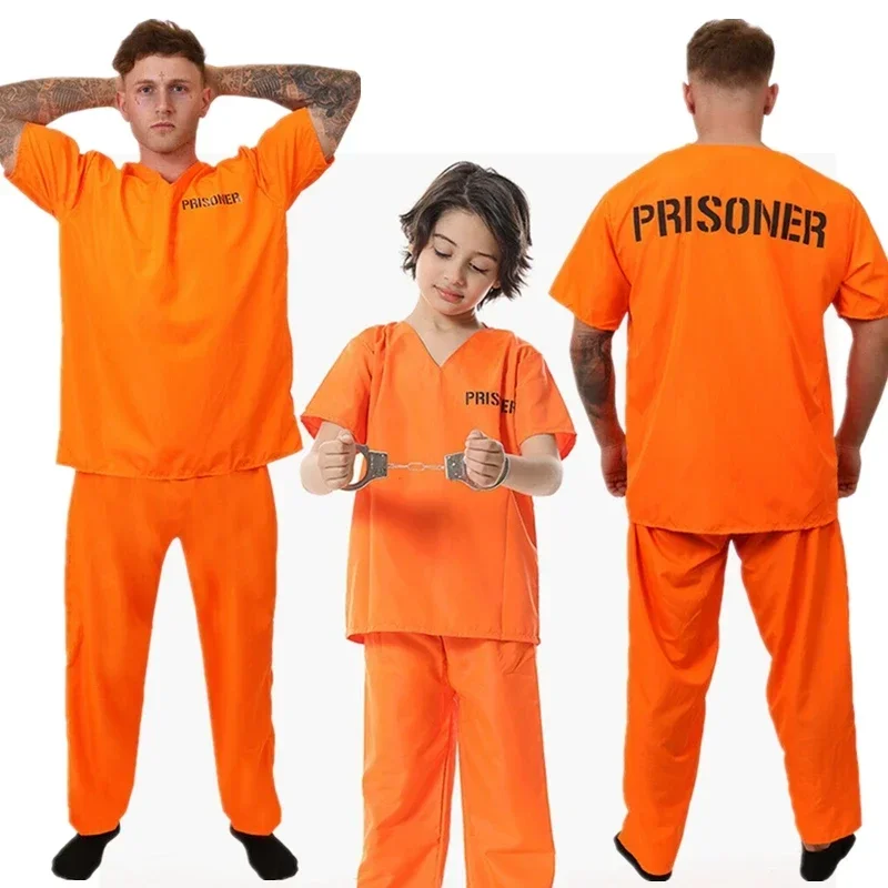 Cosplay Orange Adult Inmate Costume Prisoner Jumpsuit Jailbird Outfit for Halloween Christmas Men Jail Costume Kids