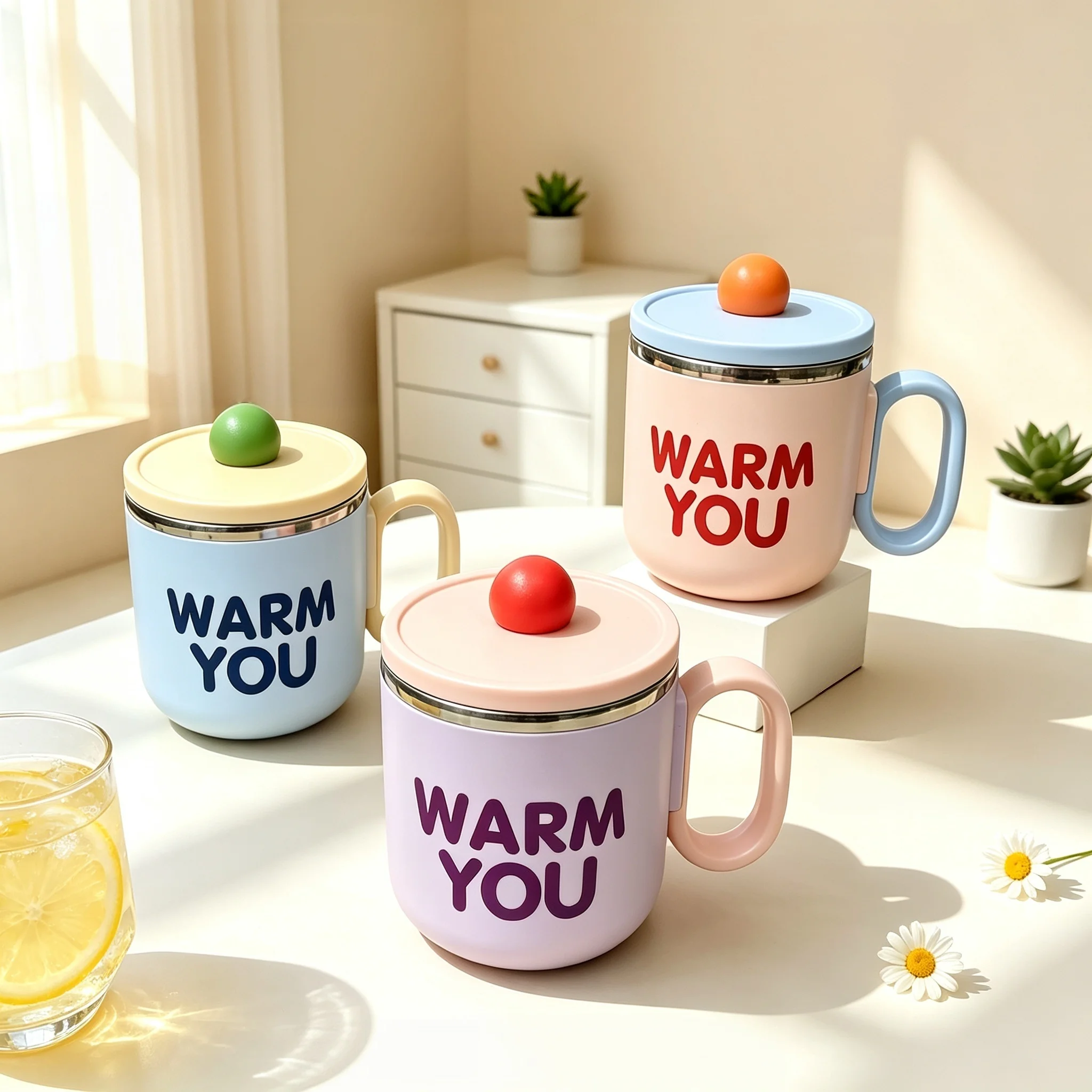 304 Edelstahlbecher, staubdichter Wasserbecher mit Deckel, Kaffeebecher, Becher mit hitzebeständigem Griff, stilvoller Wasserbecher, Trinkbecher für den Schreibtisch im Büro, tragbarer Becher für
