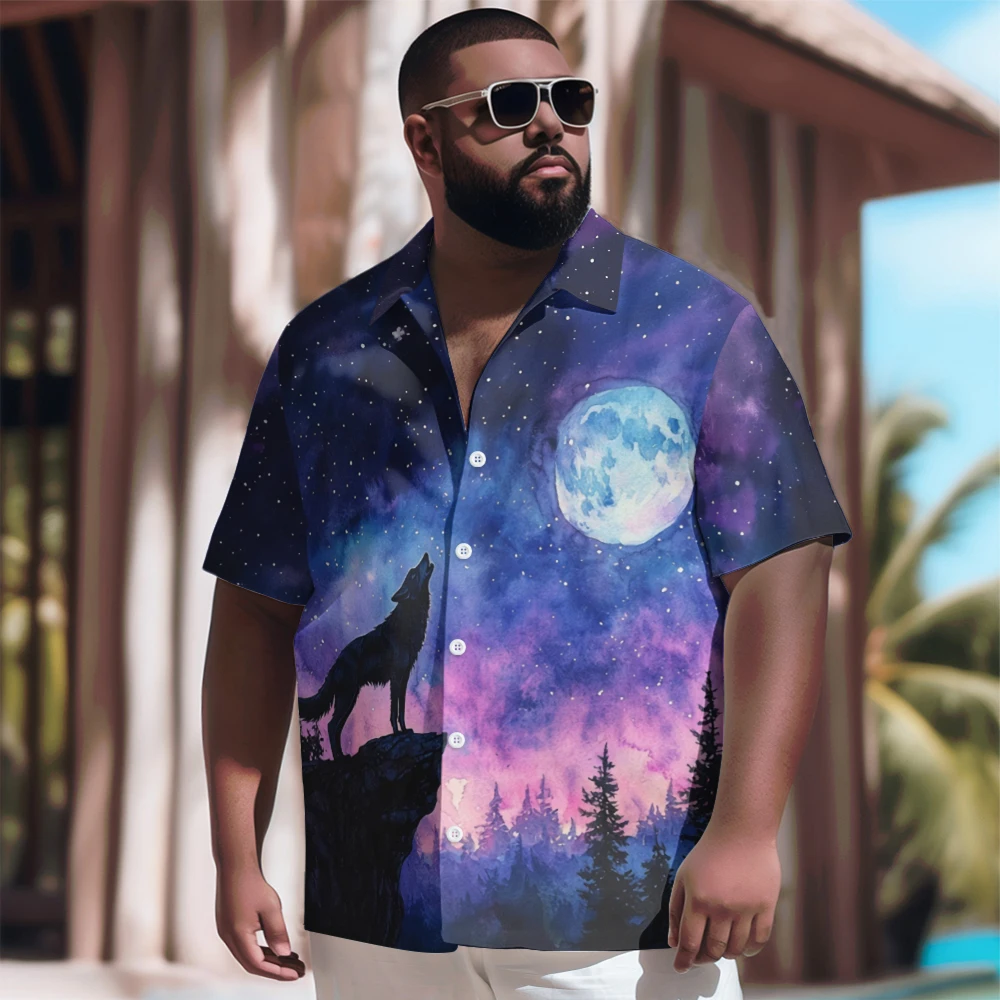 

New Hawaiian Shirt Men Goth Men Mysterious Purple Moon Wolf Printed Casual Short Sleeve Tops Vintage Plus Size Summer Shirts