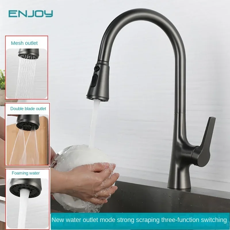 

Copper Gun Gray Pull-out Kitchen Tap Three-Mode Large Punching Force with Scraping Washing Basin Sink Faucet