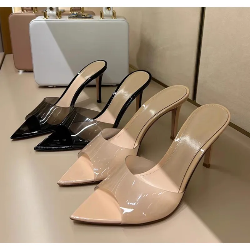 

Designer PVC Transparent Jelly Shoes for Women Sexy Pointed Open Toe Shallow Slider Slippers Ladies Sandals Stiletto Heels Mule
